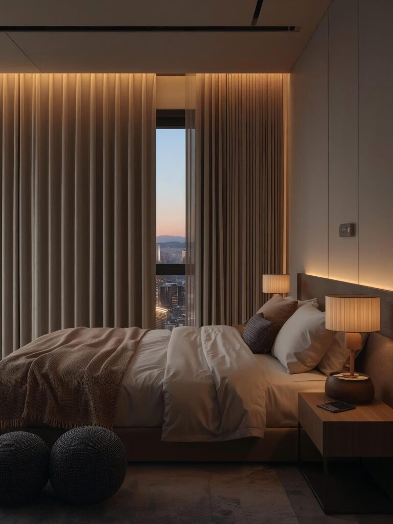 Urban bedroom ideas with modern city design and cozy lighting