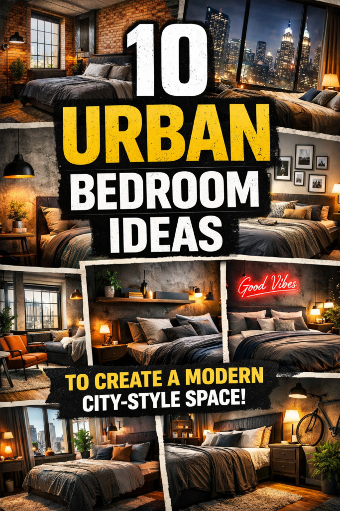 Urban bedroom collage showing modern city-style bedrooms with industrial decor, warm lighting, brick walls, and bold text reading 10 Urban Bedroom Ideas