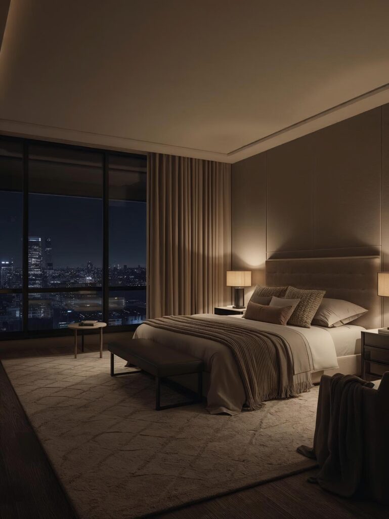 Urban bedroom ideas with modern city design and cozy lighting