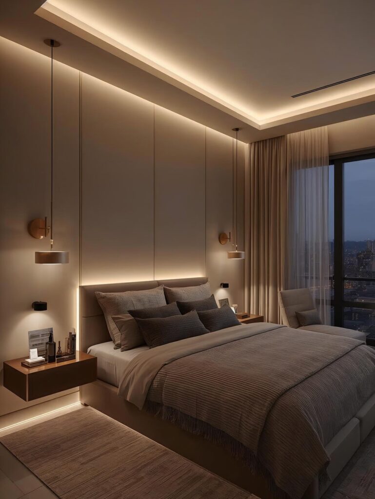 Urban bedroom ideas with modern city design and cozy lighting