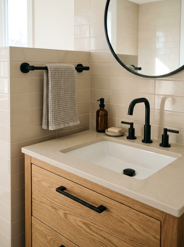 Modern bathroom with coordinated matte black faucet towel bar and cabinet hardware against beige tiles and wood vanity