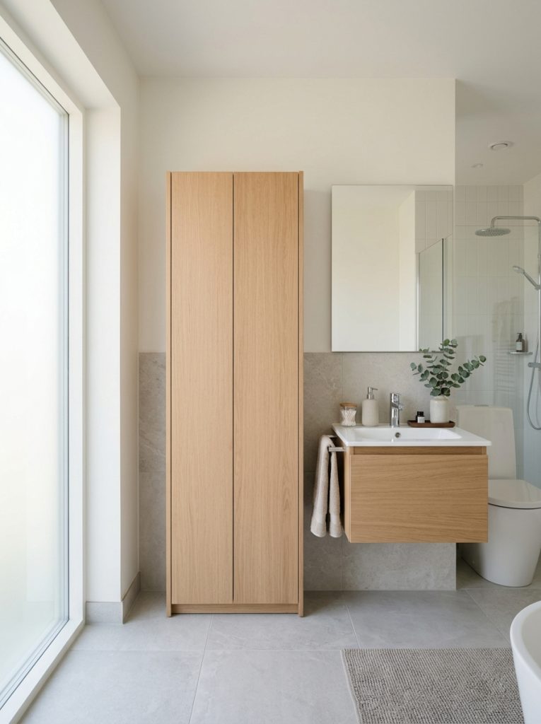 Modern bathroom with sleek floor standing storage cabinet with closed doors keeping surfaces clear and uncluttered
