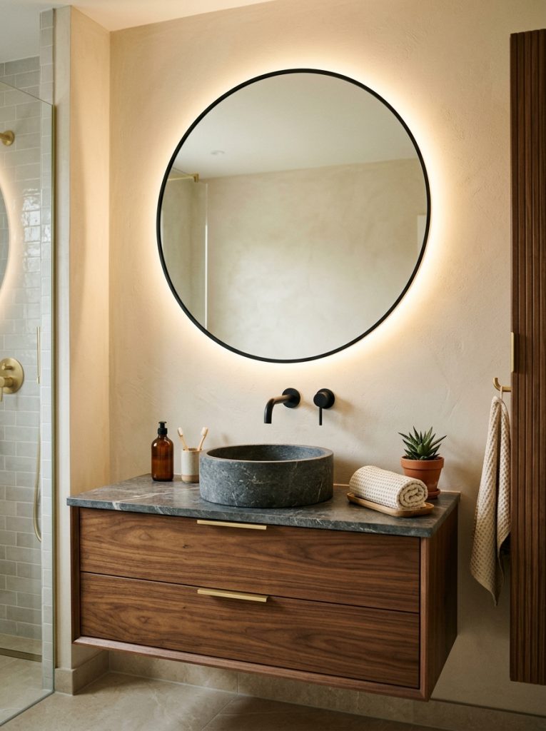 Modern bathroom vanity wall with large round LED mirror glowing warm light above wood vanity stone sink and matte black faucet