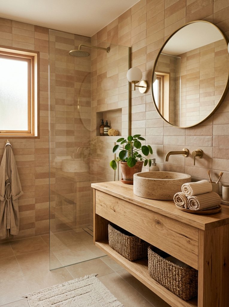 Bathroom with warm beige clay toned tiles wood vanity stone sink neutral towels and small plant in a calm earthy color palette
