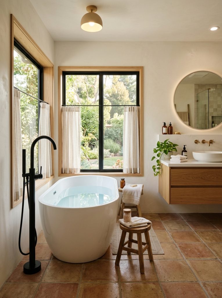 Modern bathroom with compact white freestanding soaking tub near window as focal point on earthy tile floor with matte black faucet