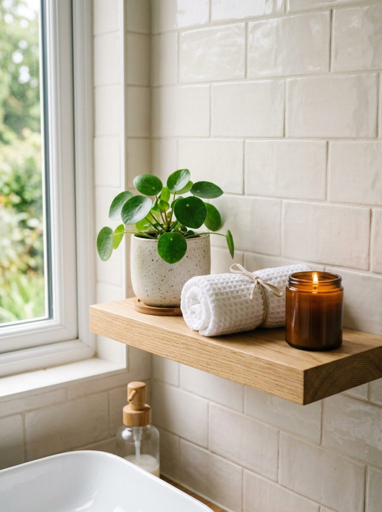 Small green potted plant in ceramic pot on bathroom floating shelf beside rolled white towel and candle with soft natural light