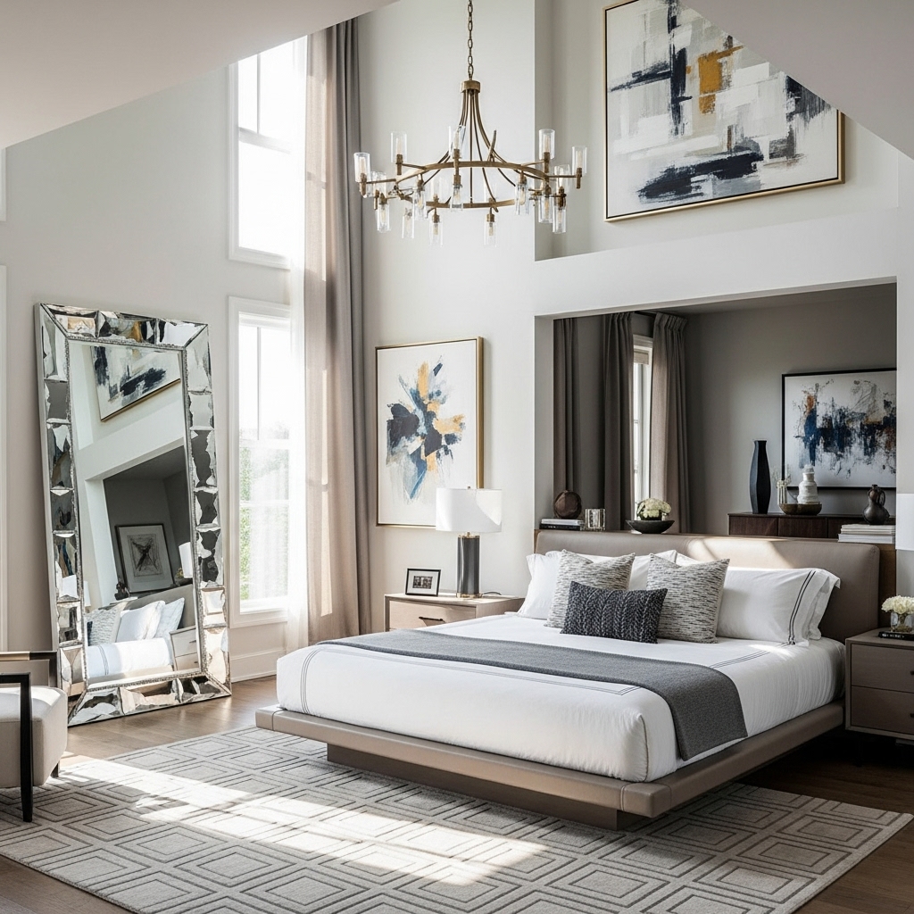 Modern bedroom with a large floor mirror enhancing light and making the space feel bigger.