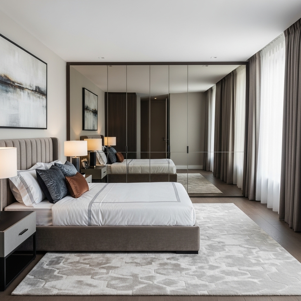 Modern bedroom with a large floor mirror enhancing light and making the space feel bigger.