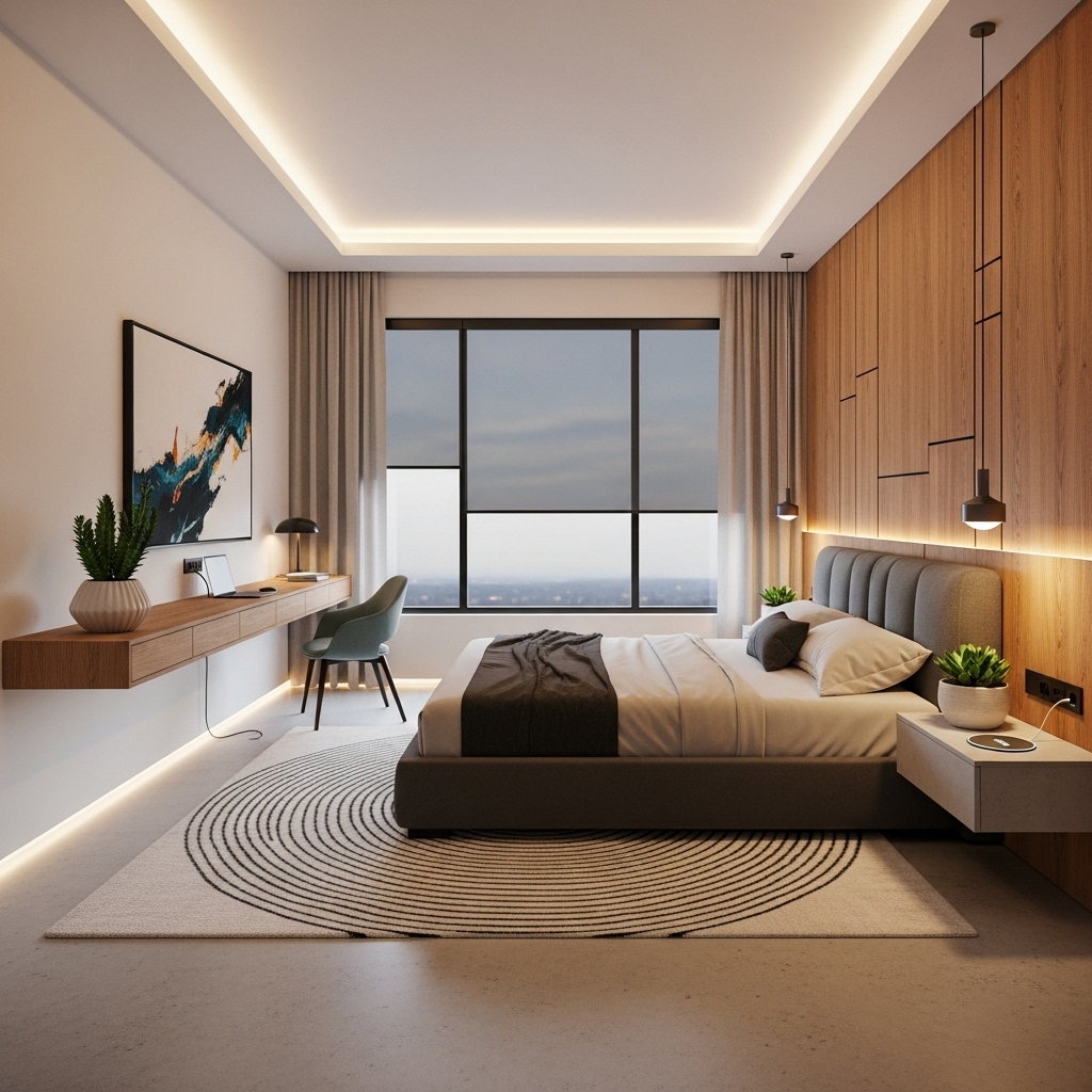 Smart modern bedroom with hidden technology and seamless minimalist design.