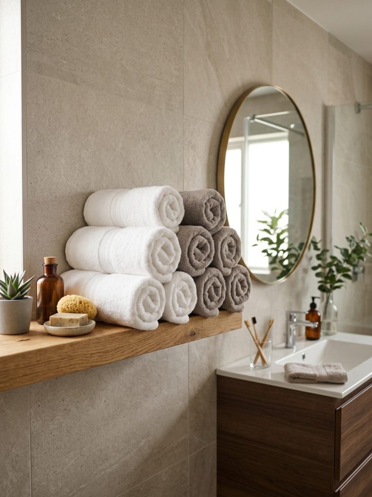 Thick luxury cotton bathroom towels in white and warm grey rolled and stacked on floating wood shelf beside modern vanity