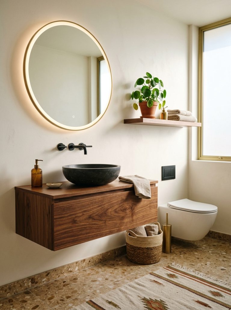 Mid century modern bathroom with walnut vanity round LED mirror matte black faucet stone vessel sink floating wood shelf and earthy rug in warm toned tiles