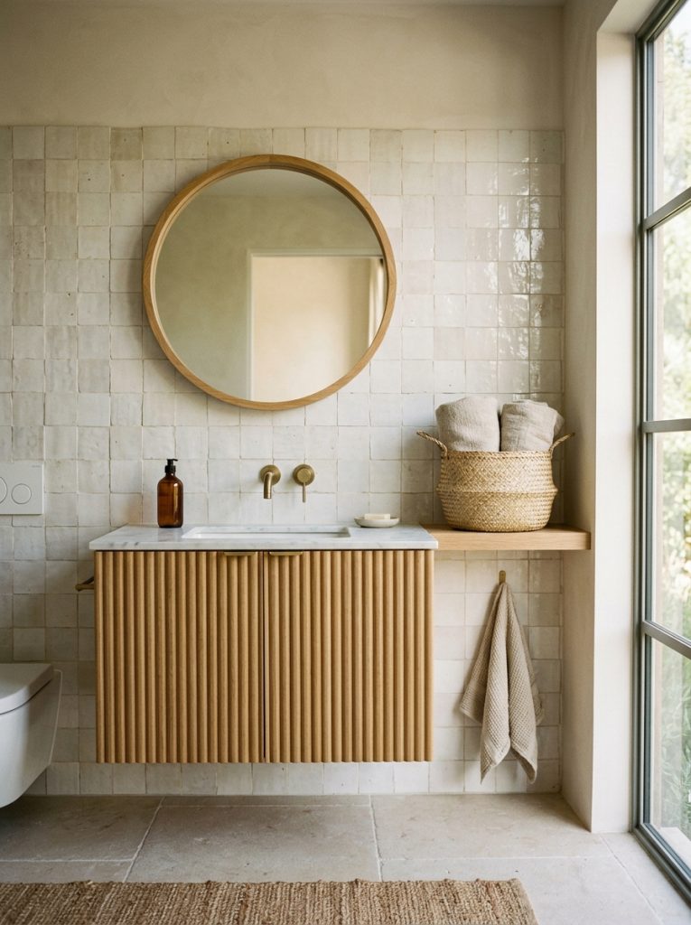  Modern minimalist bathroom with fluted wood vanity cabinetry textured wall tiles woven basket and soft linen towels
