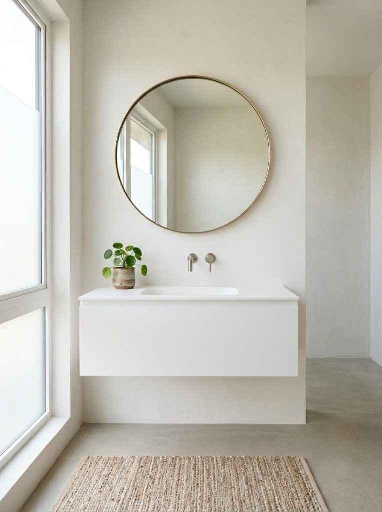 Clean minimalist bathroom with single floating vanity round mirror small plant clear surfaces and earthy rug in calm restrained design