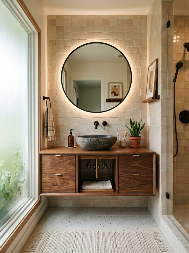 Mid century modern bathroom with walnut wood floating vanity tapered legs round LED mirror matte black faucet and stone vessel sink