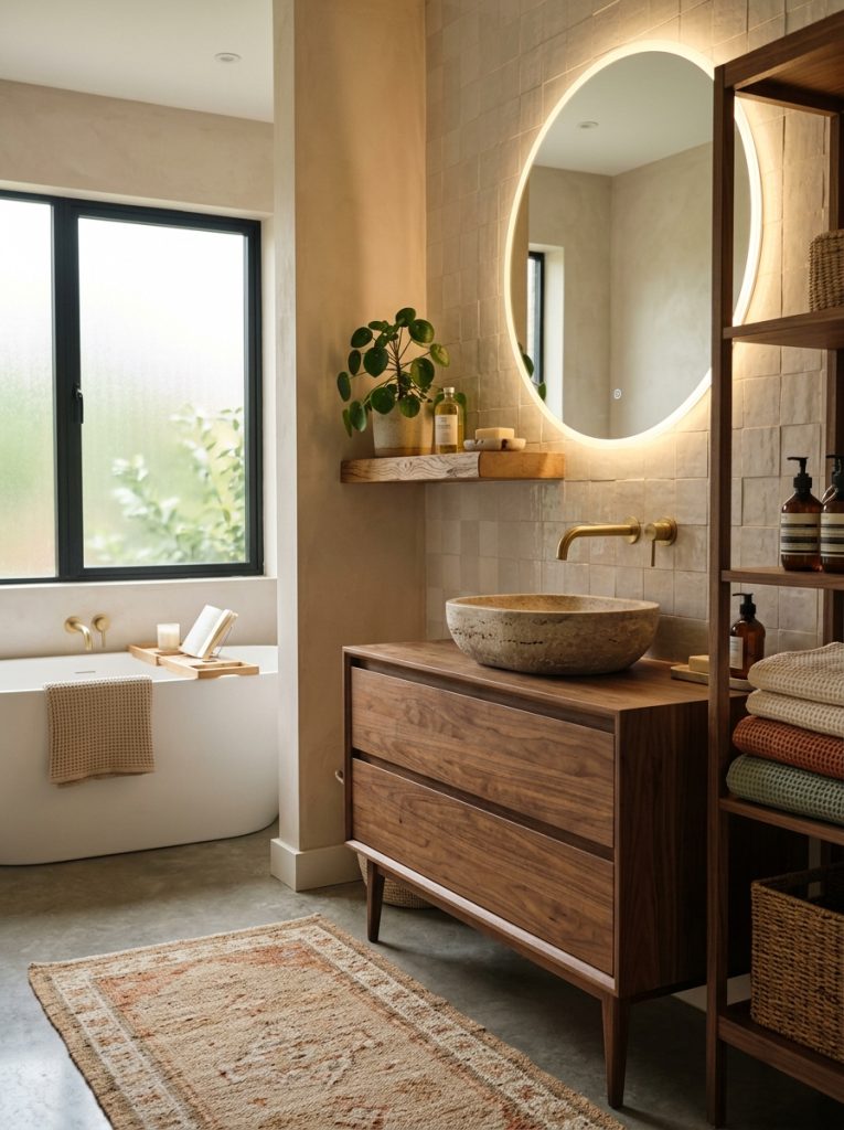 Complete modern bathroom designed as daily retreat with mid century vanity stone sink round mirror floating shelf plant luxury towels and warm lighting
