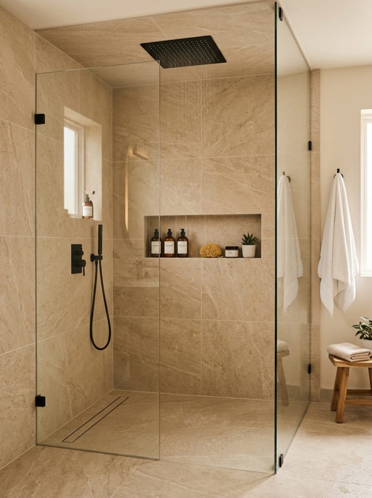 Walk-in shower with frameless glass panel ceiling mounted rainfall showerhead large format stone tiles and built-in niche
