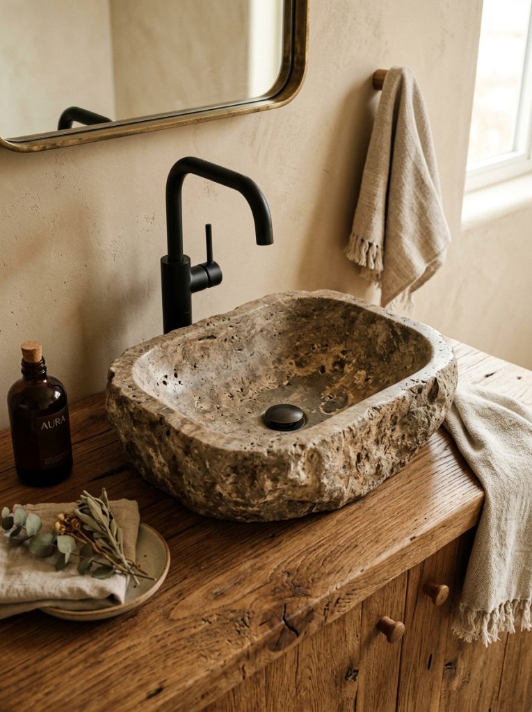 Natural stone vessel sink on warm wood bathroom vanity with matte black faucet showing organic texture and natural variation
