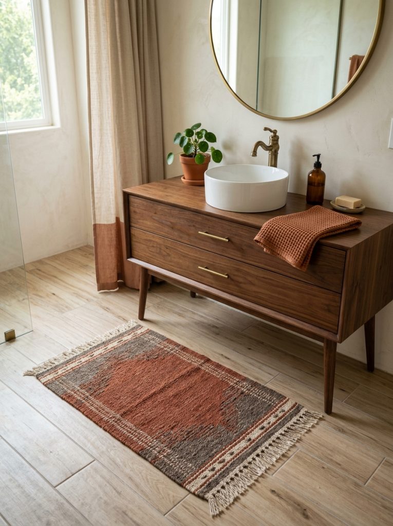 Earthy terracotta and warm grey bathroom rug on light wood tile floor in front of mid century modern vanity