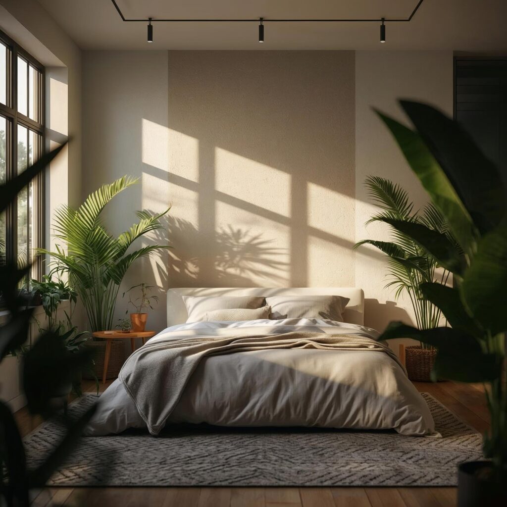 Wellness-inspired modern bedroom with indoor plants, soft textures, and natural light.