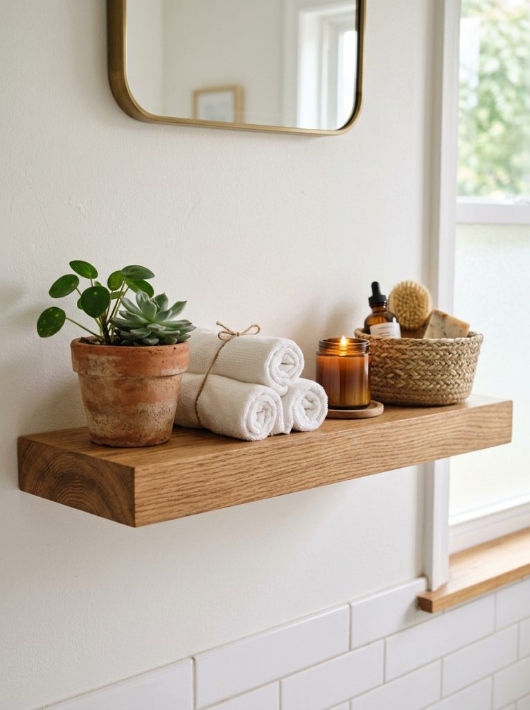 Floating natural wood shelf on white bathroom wall holding small plant rolled towels candle and basket in warm organic styling