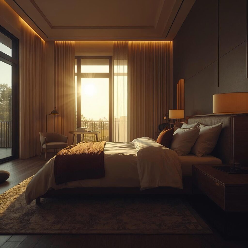 Modern bedroom designed for wellness with clutter-free styling and calming neutral tones.