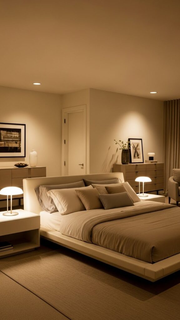 Contemporary American bedroom with clean-lined furniture and minimalist design.