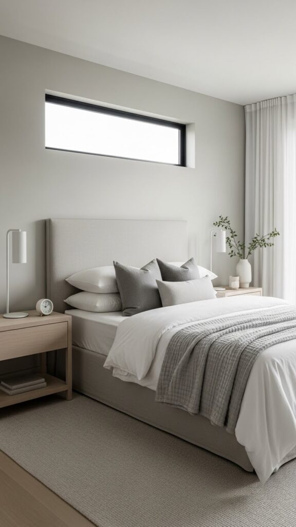 Modern American bedroom with clean and minimal nightstands.