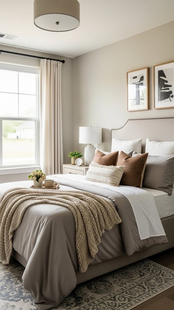 Modern American bedroom styled with cozy textures and layered bedding.