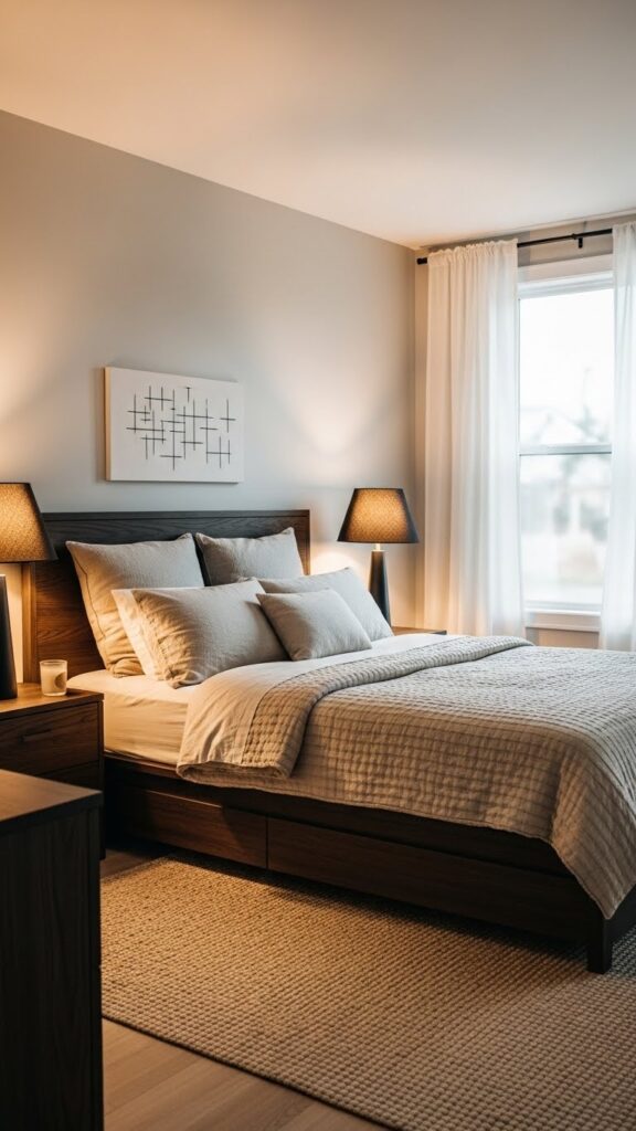 Modern American bedroom with dark accent details adding contrast.