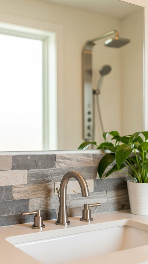 Eco-friendly smart bathroom faucet and shower fixtures in modern USA home.