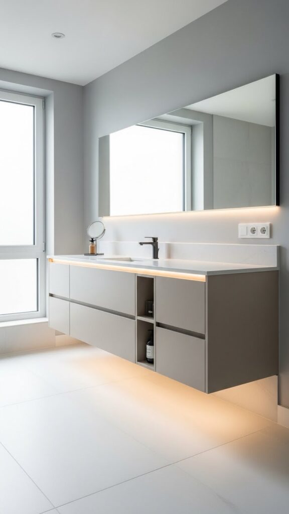 Floating smart vanity with built-in storage in a modern USA bathroom design.