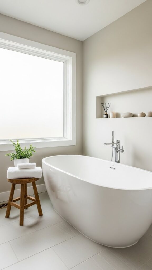 Freestanding soaking tub as focal point in a modern American bathroom.
