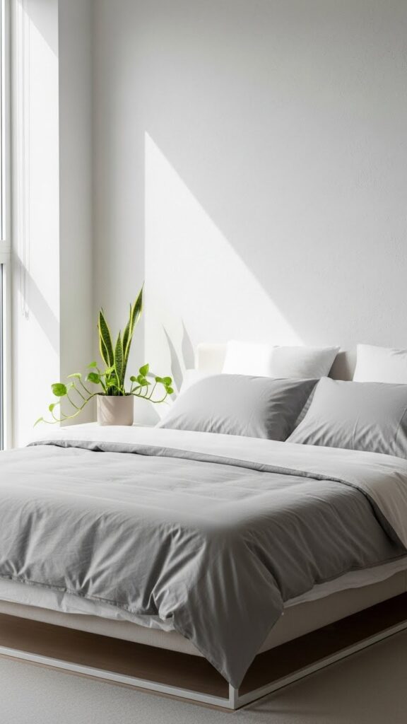 Modern American bedroom styled with indoor greenery.