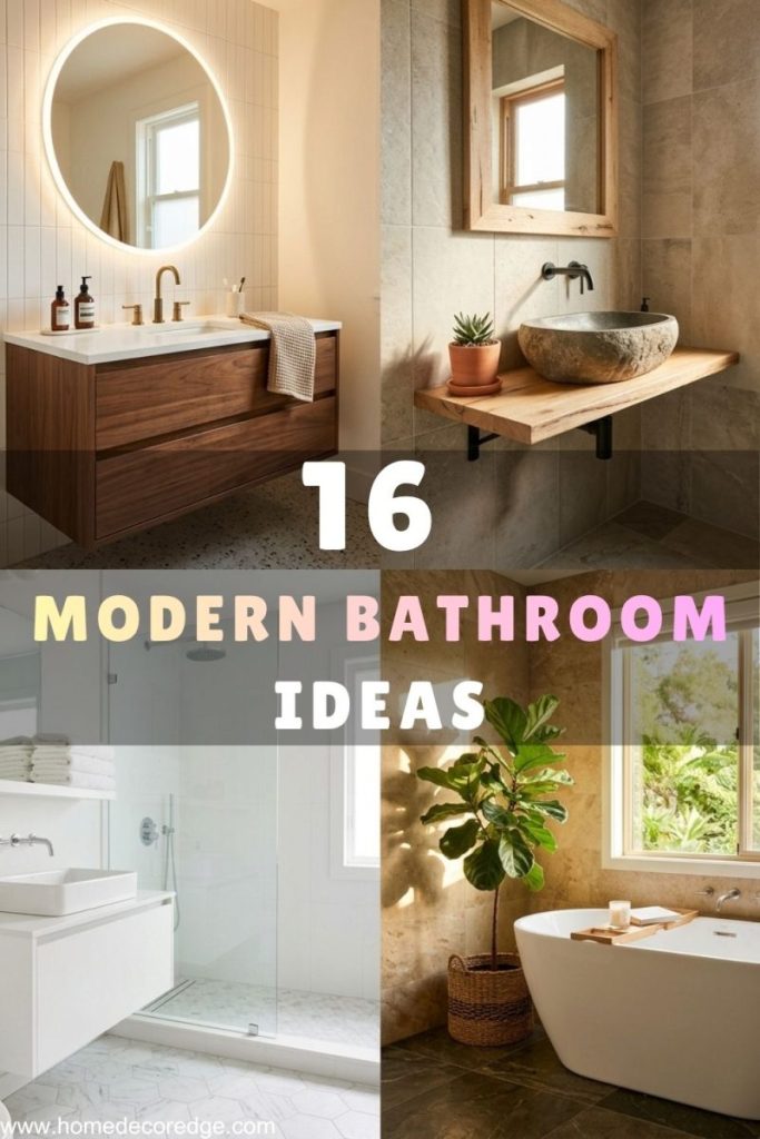 16 modern bathroom ideas including mid century modern vanity organic stone sink minimalist shower and luxury soaking tub for a calm stylish space