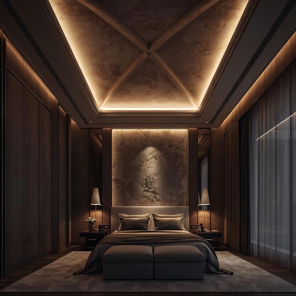 Modern luxury bedroom ceiling with recessed cove lighting