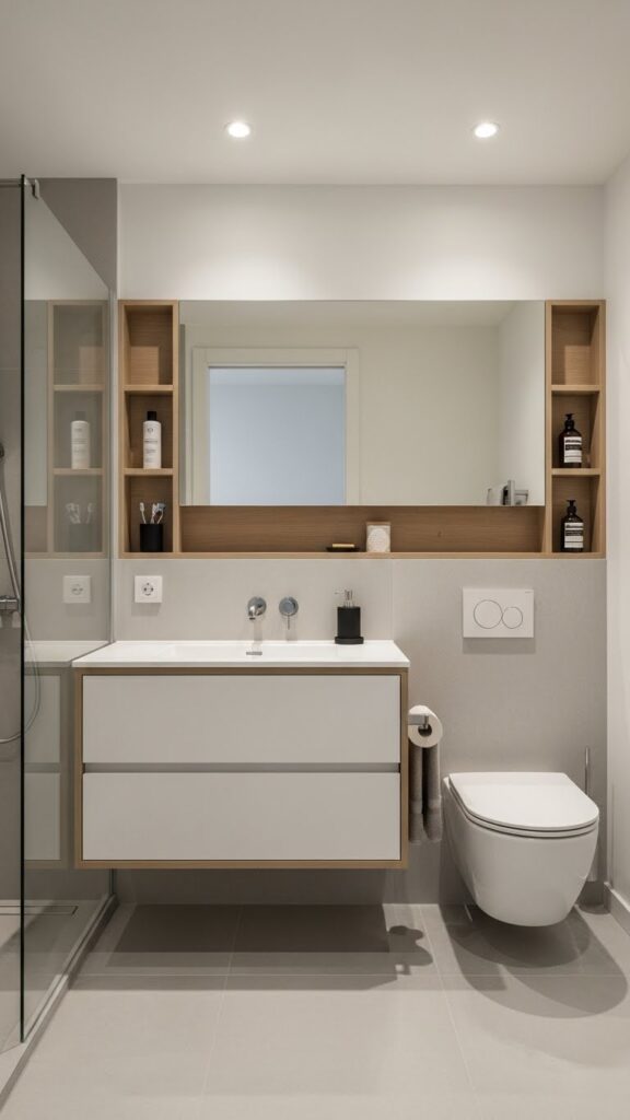 Modern bathroom with hidden storage and clutter-free design.