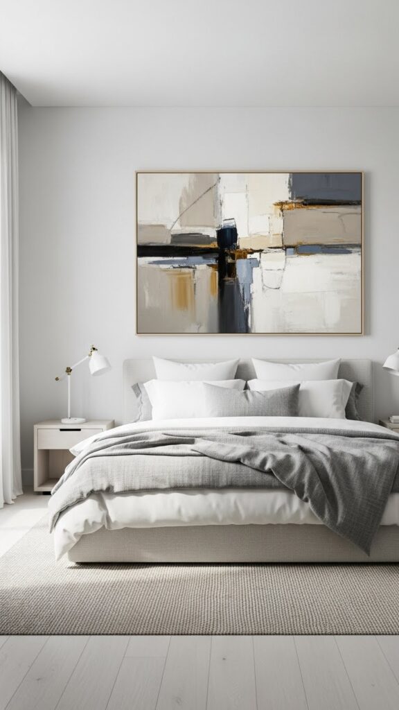 Contemporary American bedroom with minimal wall decor and large artwork.