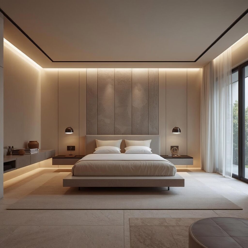 Modern bedroom design 2025 in a U.S. home featuring a calm neutral color palette, platform bed, and minimalist luxury styling.