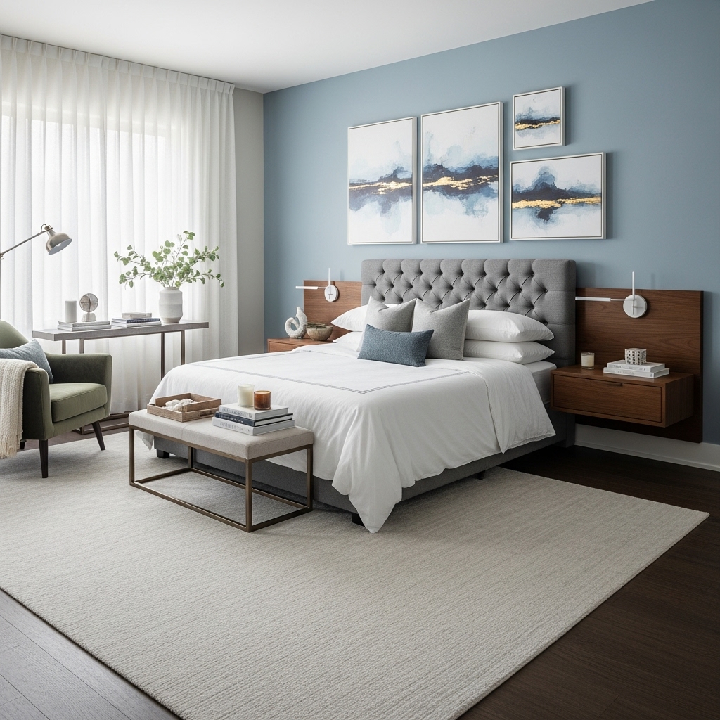 Modern bedroom with minimal wall art above the bed adding personal character.