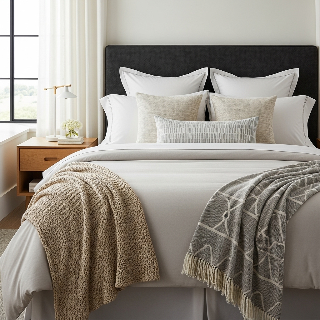 Close-up of layered bedding textures in a modern neutral bedroom design.