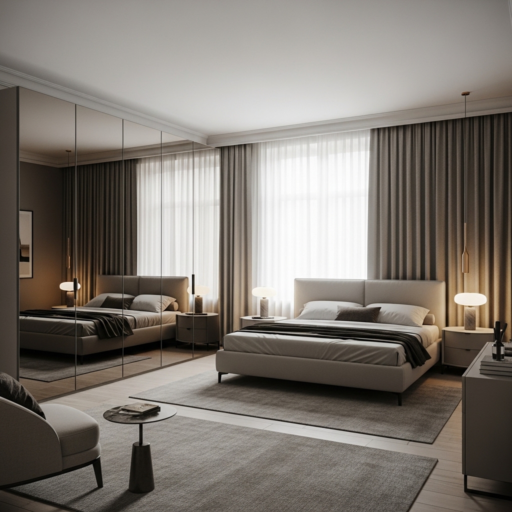 Modern bedroom with a large floor mirror enhancing light and making the space feel bigger.