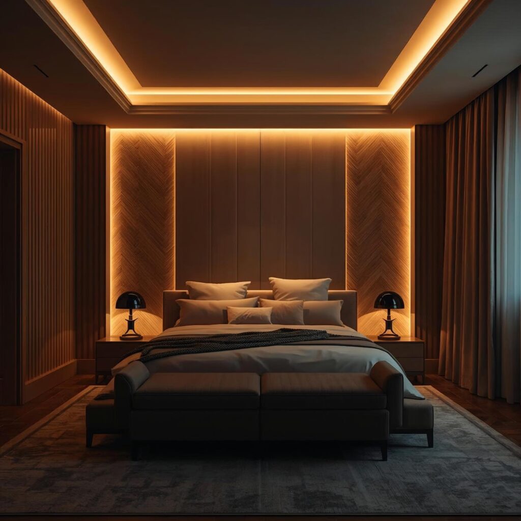 Modern bedroom featuring layered architectural lighting that highlights textures and depth.