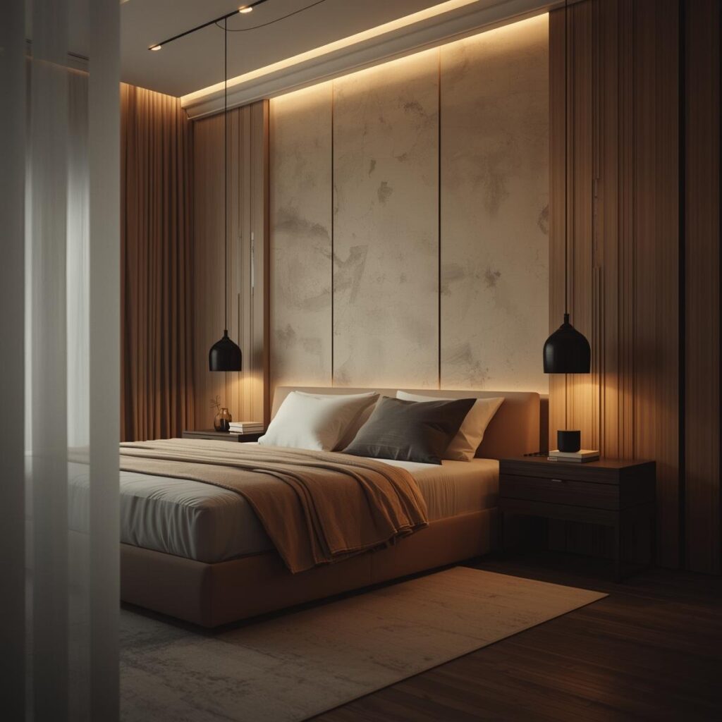 Modern bedroom with a subtle limewash textured statement wall behind the bed.