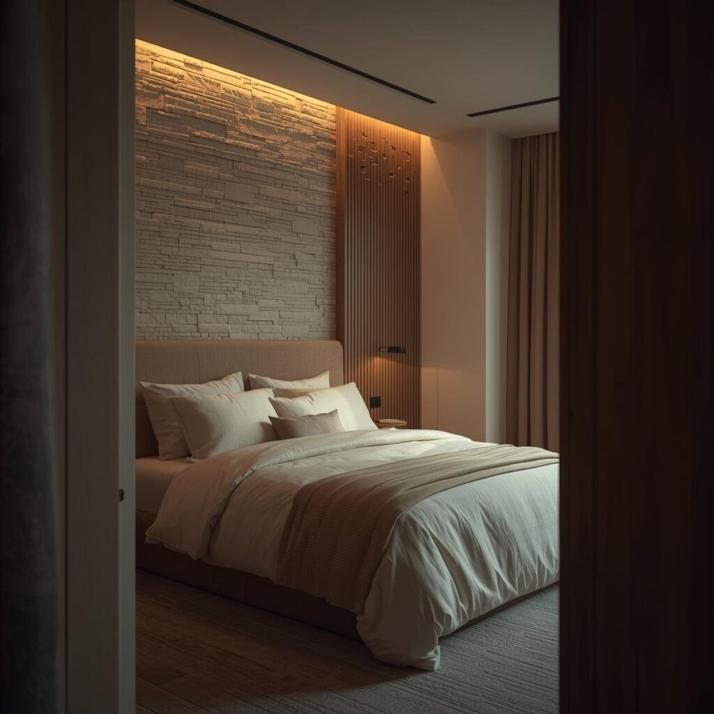 Modern bedroom corner view showcasing natural light and soothing neutral wall colors.