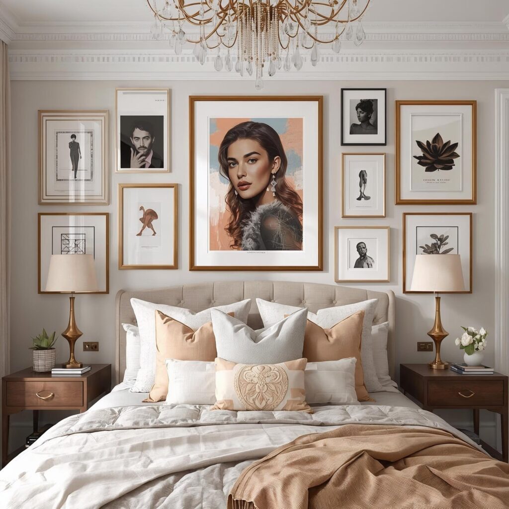 Modern bedroom decor corner styled with books, ceramics, and personal accents.