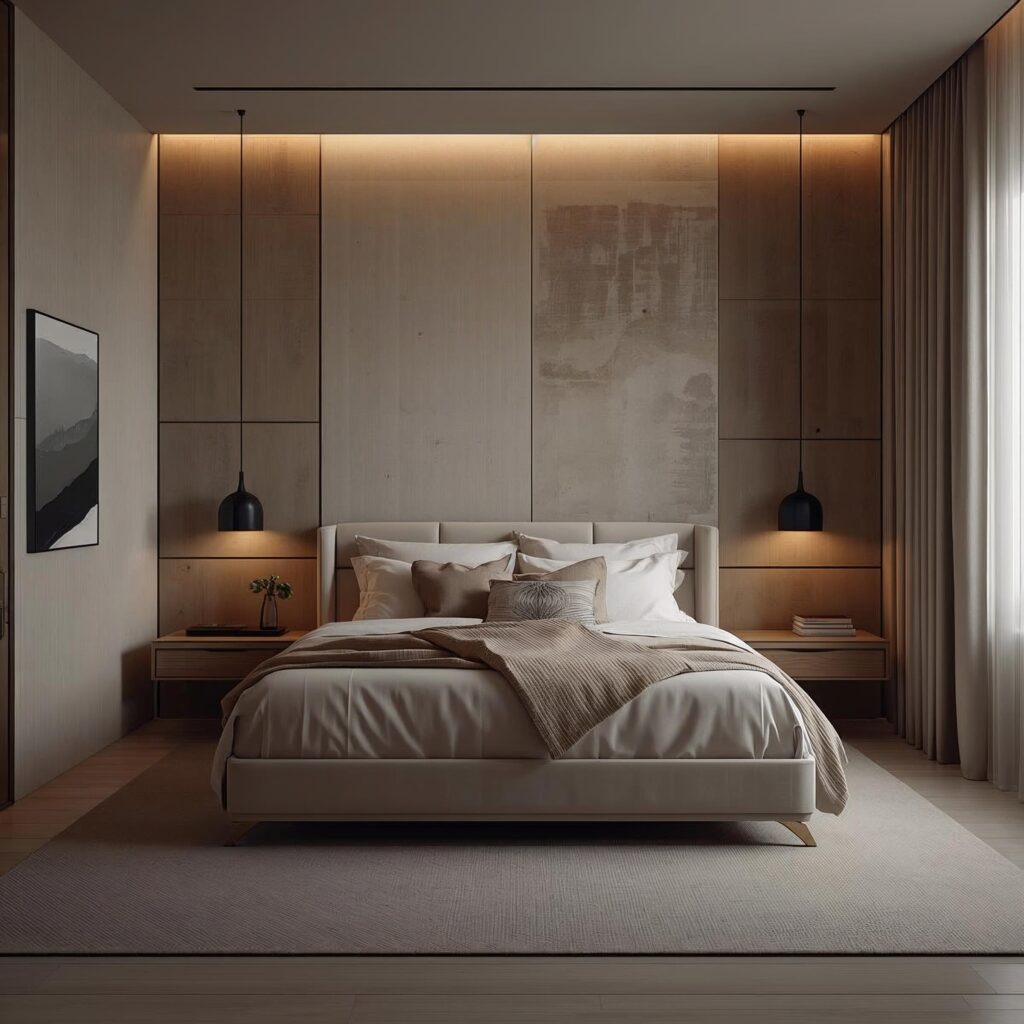 Close-up view of modern bedroom wall texture with soft plaster finish and warm lighting.