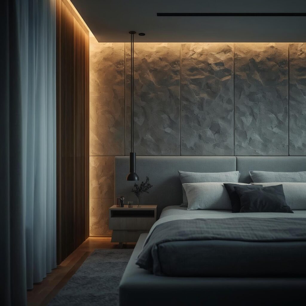 Close-up view of modern bedroom wall texture with soft plaster finish and warm lighting.