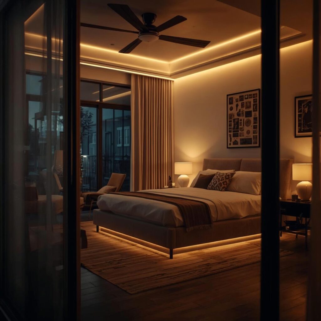 Modern bedroom with warm ambient lighting creating a cozy and relaxing nighttime atmosphere.
