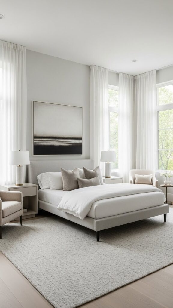 American contemporary bedroom filled with natural light and sheer curtains.
