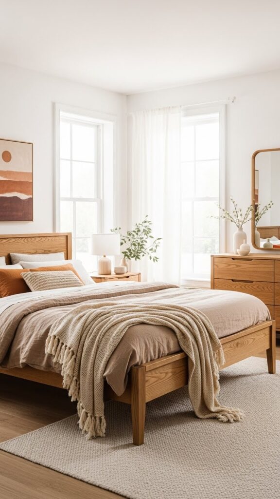 Contemporary American bedroom styled with natural wood and soft fabrics.